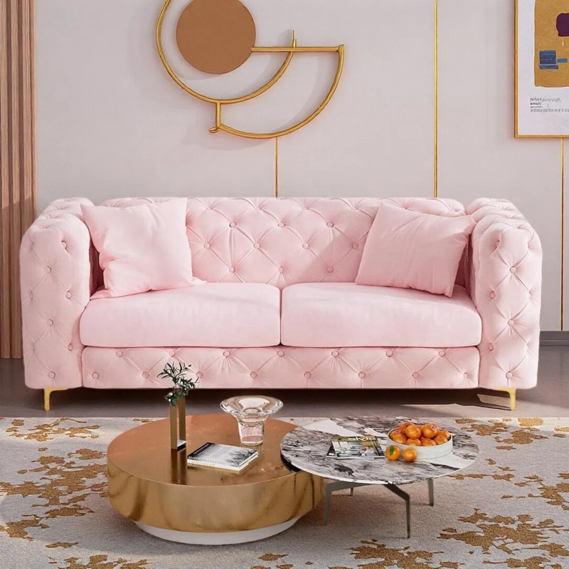 Chesterfield Sofa Pink Velvet Button Tufting Gold Legs