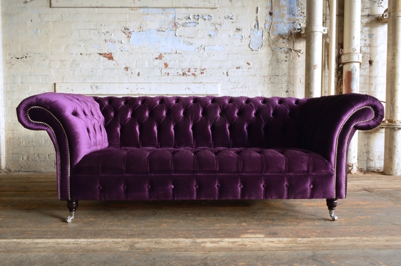 Chesterfield Sofa Purple Velvet Deep Button Tufting Industrial Contrast