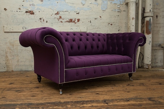 Chesterfield Sofa Purple Velvet Silver Nailhead Button Tufting Turned