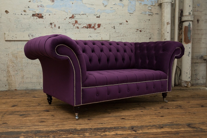 Chesterfield Sofa Purple Velvet Silver Nailhead Trim Casters
