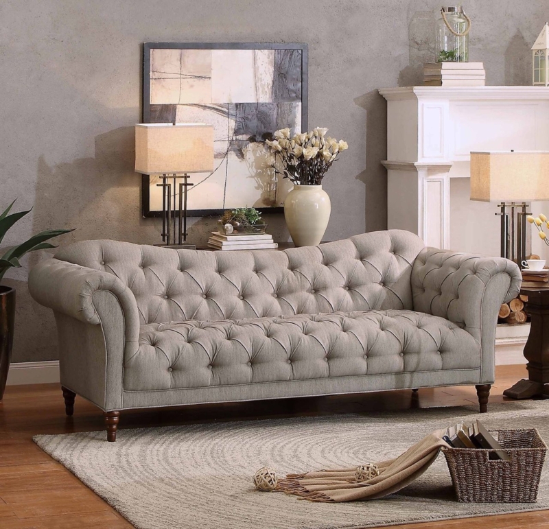 Chesterfield Sofa with Deep Diamond Tufting in Almond Fabric