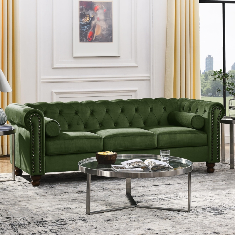 Chesterfield Sofa with Diamond Tufting and Matching Bolster Pillows