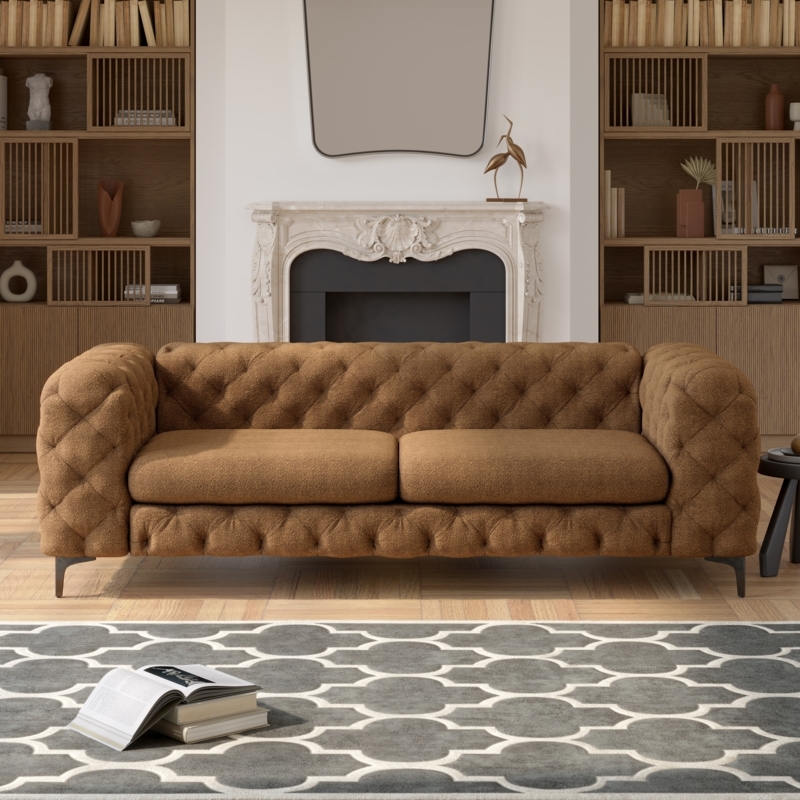 Chesterfield Sofa with Diamond Tufting by Ornate White Mantel