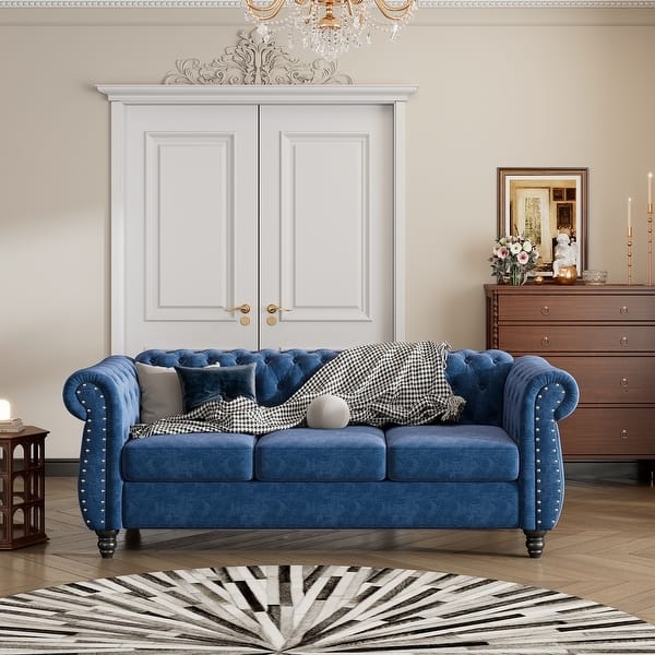 Chesterfield Sofa with Rolled Arms and Silver Nailhead Accents