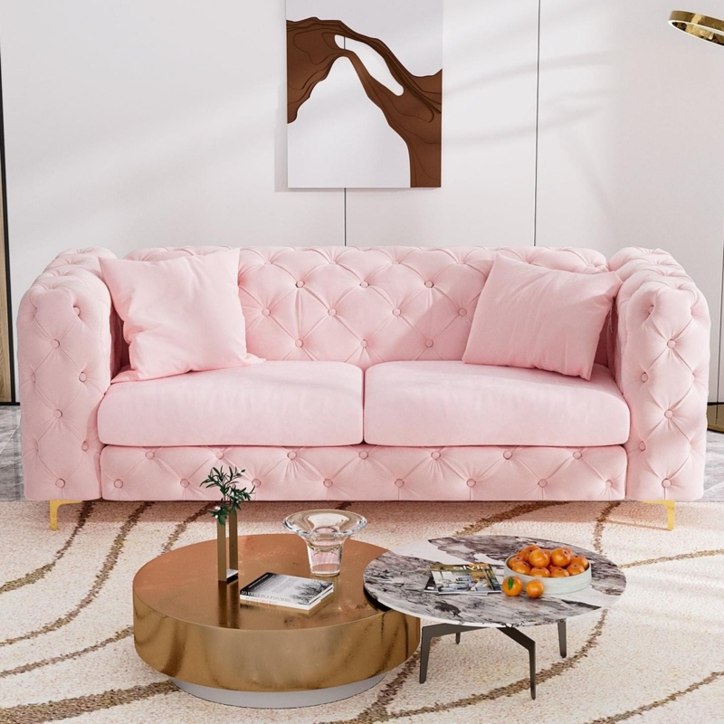 Chesterfield Style Sofa Blush Velvet All Over Tufting Gold Legs