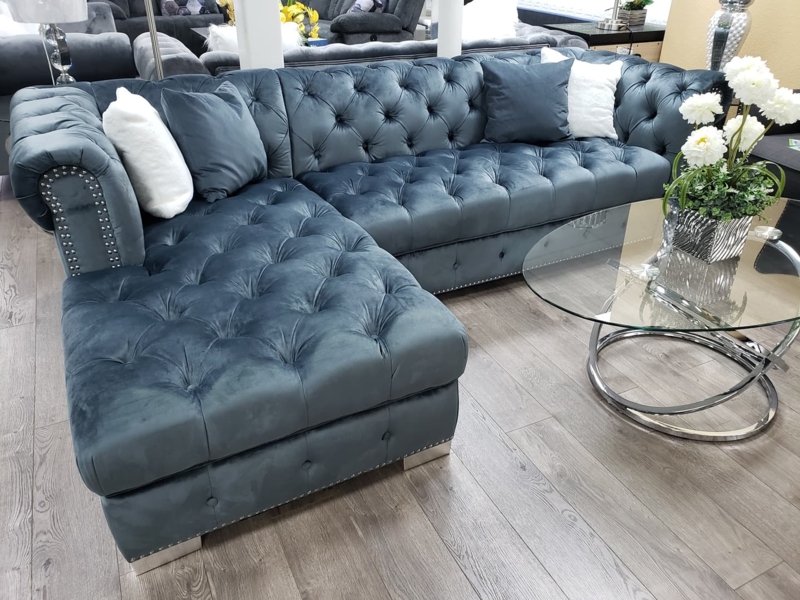Chesterfield Style Velvet L-Shaped Sectional with Nailhead Trim