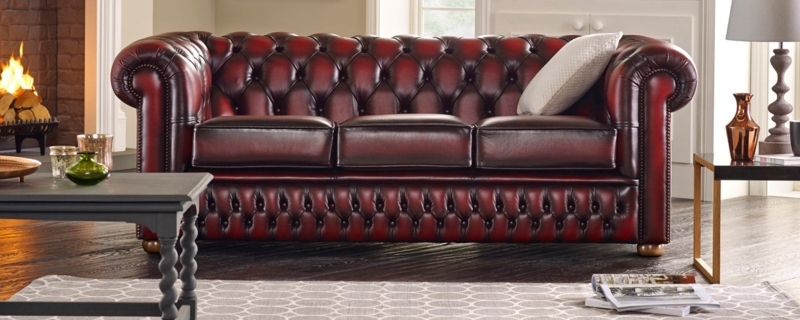 Chestnut Brown Chesterfield Sofa Leather Look Mottled Finish Brass Trim