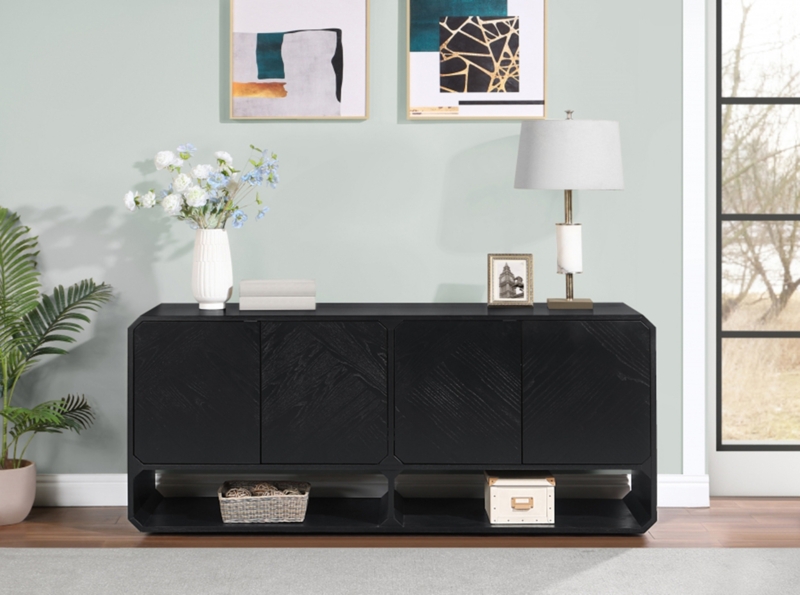 Chevron Sideboard Matte Black Open Lower Shelf Contemporary
