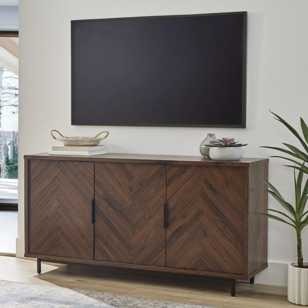 Chevron TV Stand Walnut Media Console with Three Textured Doors