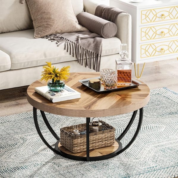 Chevron Wood Grain Round Coffee Table with Metal Frame
