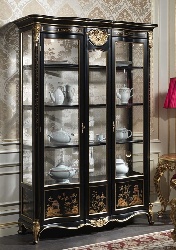 China Cabinet Arched Top Hand Painted Landscape Panels Gold Accents
