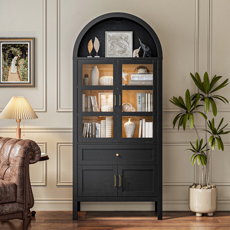 China Cabinet Arched Top Matte Black with Gold Hardware