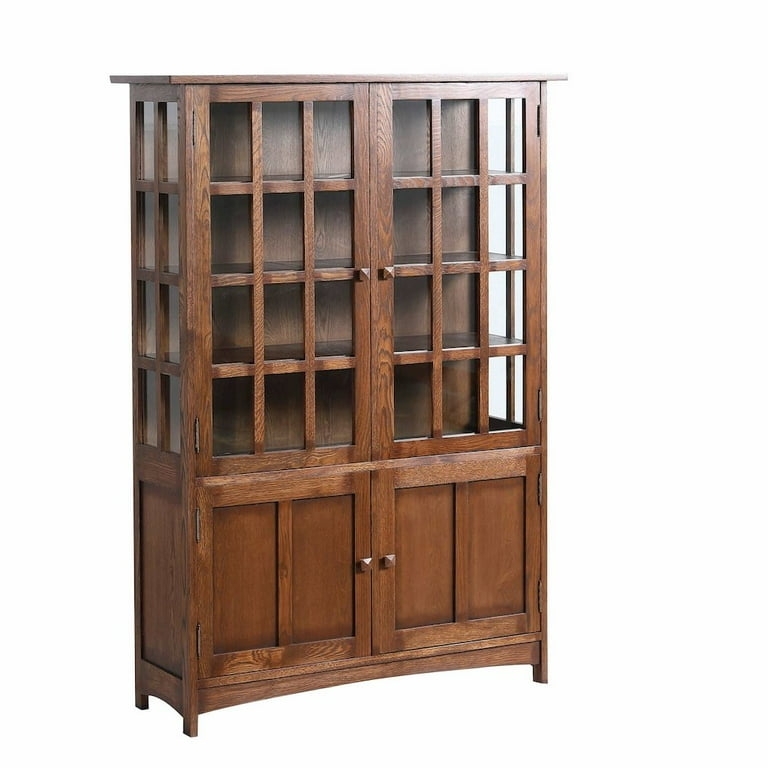 China Cabinet Arts and Crafts Walnut Mullioned Glass Doors Mission Style