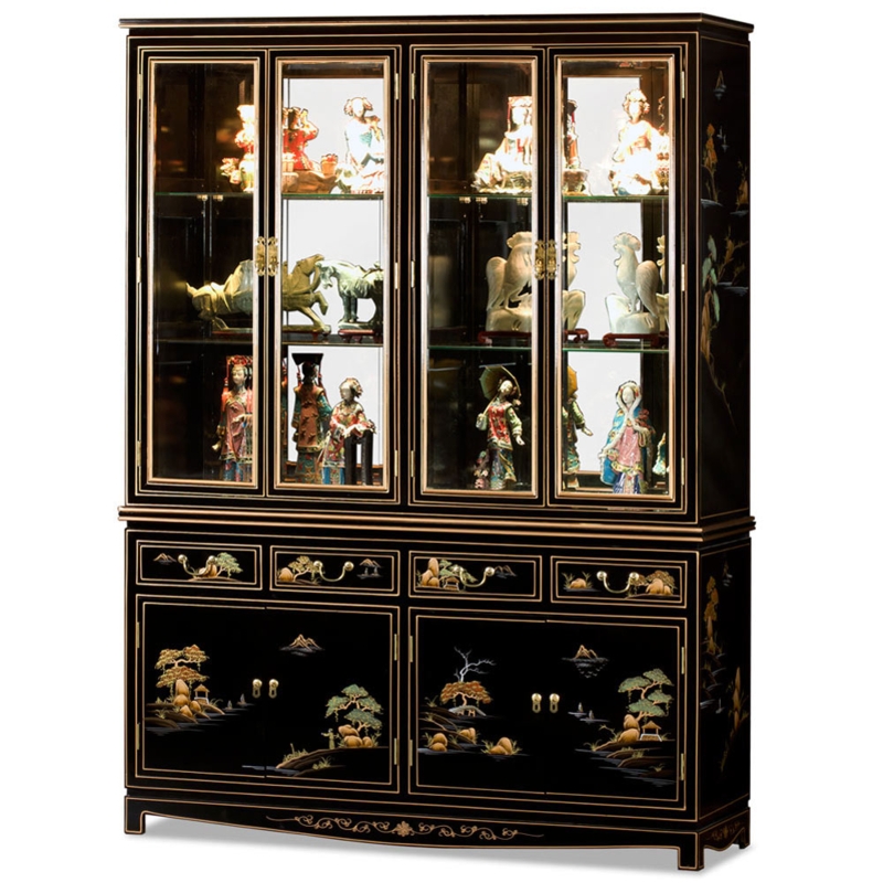China Cabinet Black Lacquer Four Door Display Gold Chinoiserie
