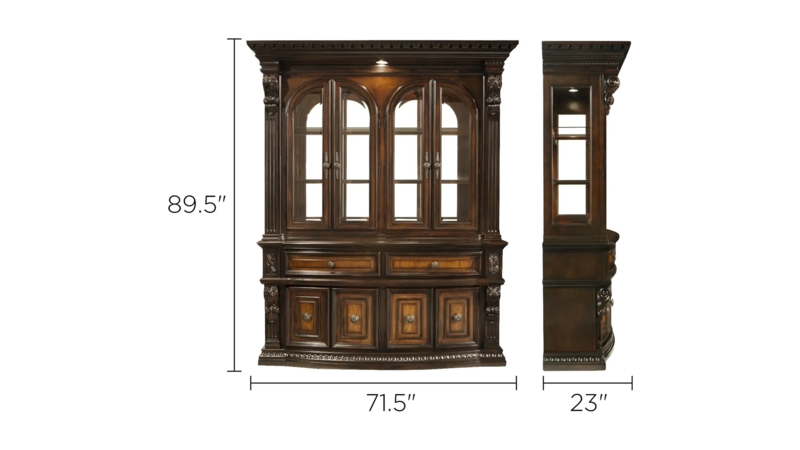 China Cabinet Espresso Finish with Arched Glass Doors and Crown Molding