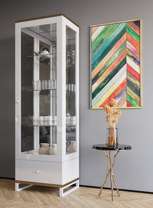 China Cabinet Glossy White Finish with Gold Metal Trim