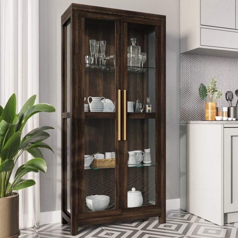 China Cabinet Long Gold Handles Glass Side Panels Dark Wood