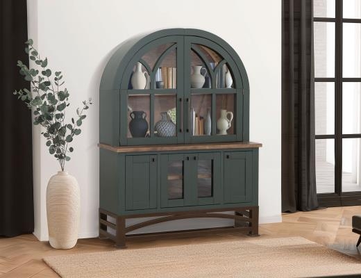 China Cabinet Rustic Modern Dark Gray Arched Cathedral Glass Doors