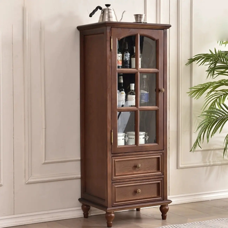 China Cabinet Traditional Dark Wood Bun Feet Mullioned Glass Door Narrow