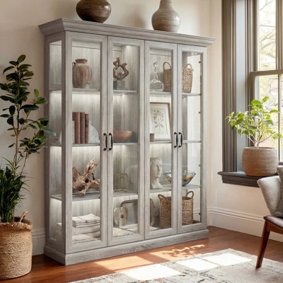 China Cabinet Whitewashed Finish with Four Glass Doors