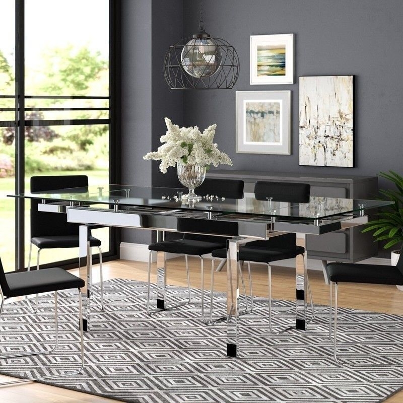 Chrome Base Dining Room Table with Glass Top and Sled Legs