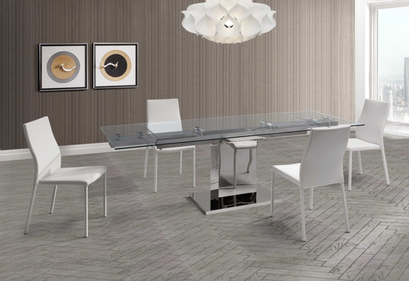 Chrome Pedestal Dining Table with Extendable Clear Glass Top Pillar