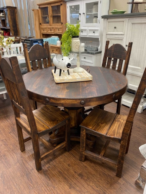 Chunky Pedestal Dining Set Metal Stud Apron Distressed Dark Stain