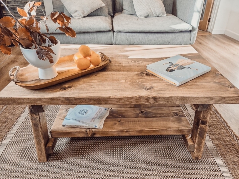 Chunky Timber Coffee Table with Distressed Plank Top and Lower Shelf