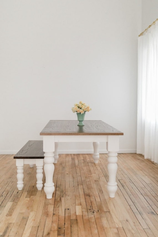 Chunky Turned Leg Farmhouse Dining Table Set with Bench Two Tone