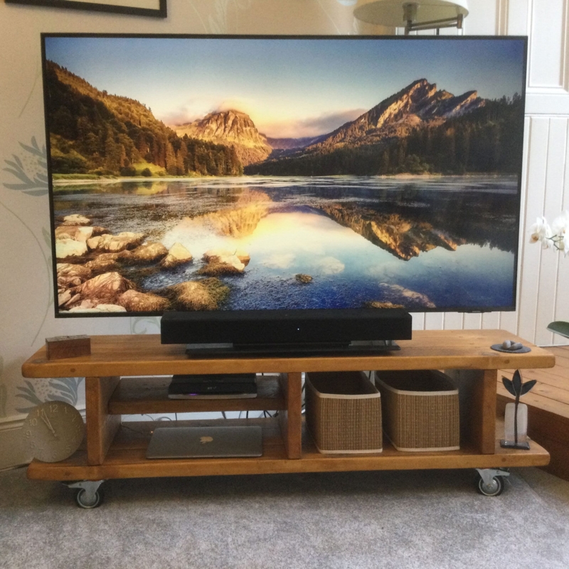 Chunky Wood Media Console, Rustic TV Stand Wheels, Open Back