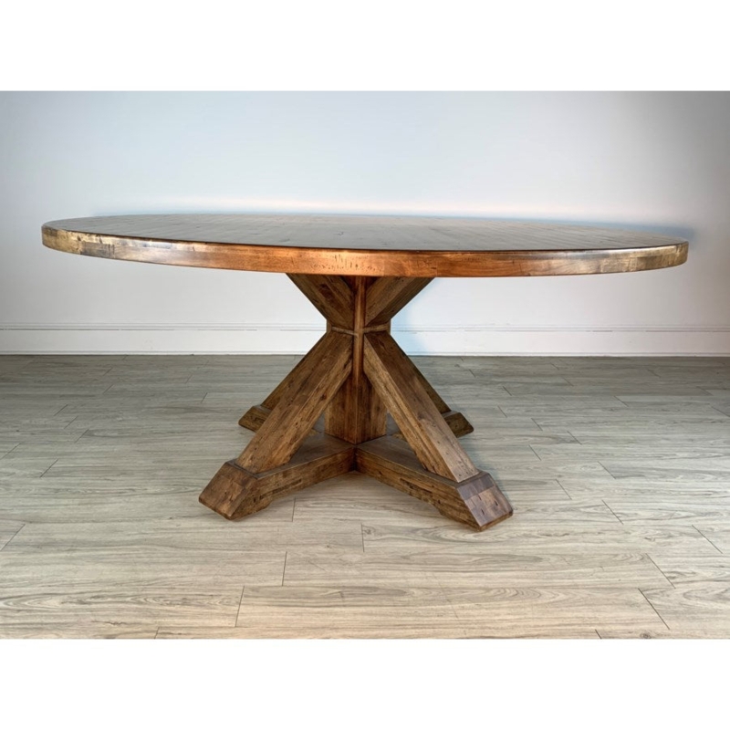 Chunky Wood Round Dining Table with Rustic X-Base Pedestal