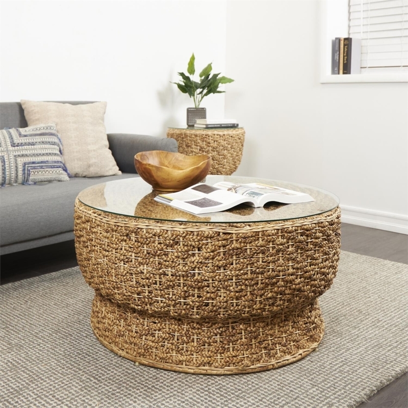 Chunky Woven Round Coffee Table with Tapered Base and Glass Top