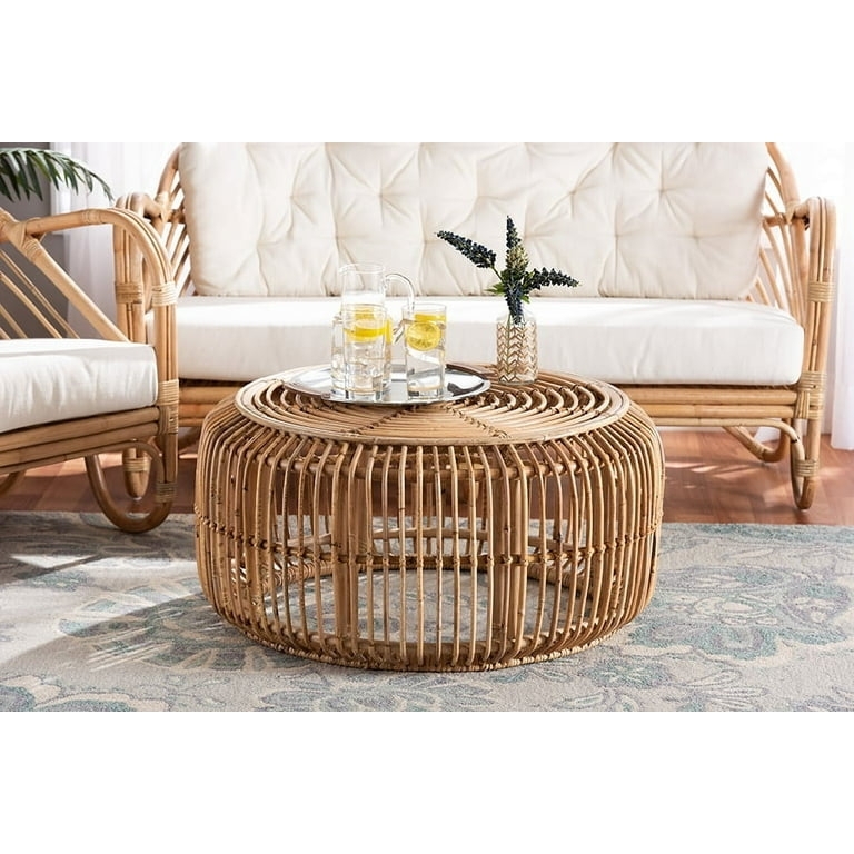 Circular Rattan Coffee Table with Openwork Frame and Concentric Top