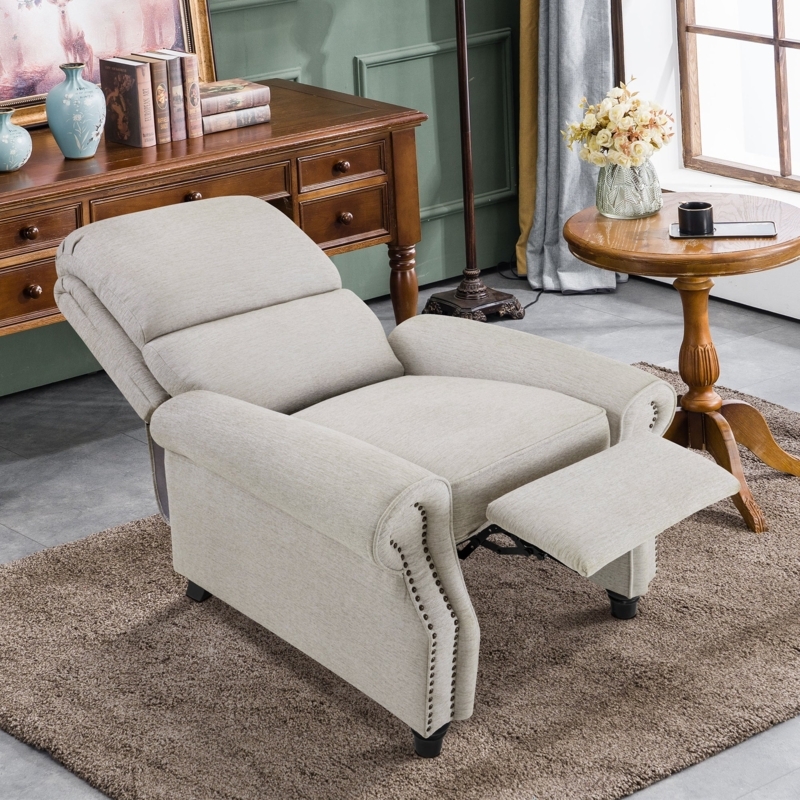 Classic Beige Linen-Like Pushback Recliner with Bronze Nailhead Trim