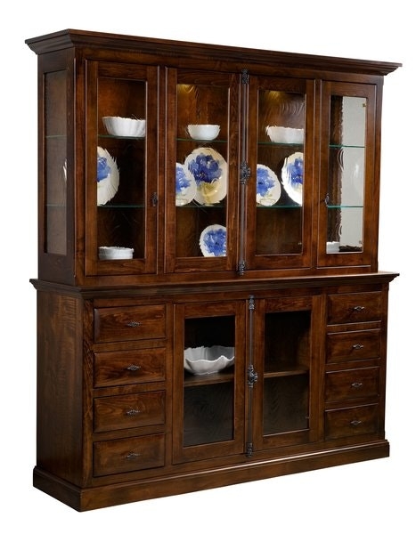 Classic Hutch Dark Wood Finish Eight Side Drawers Lighted Display