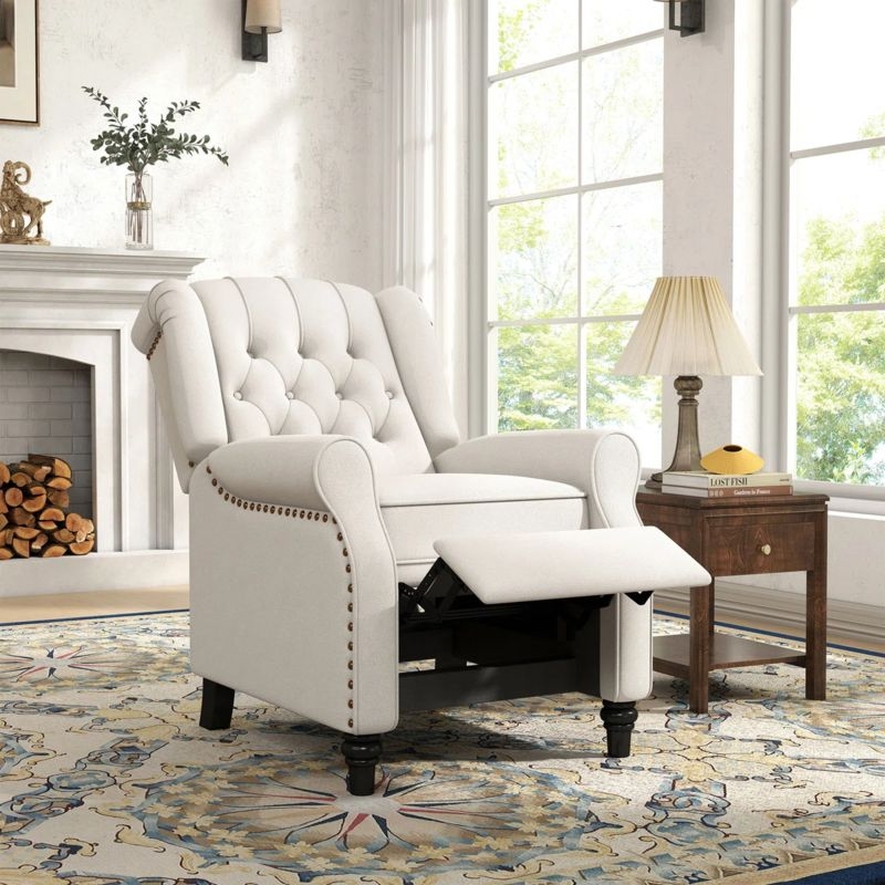Classic Push Back Recliner in Cream Linen-Like with Rivets