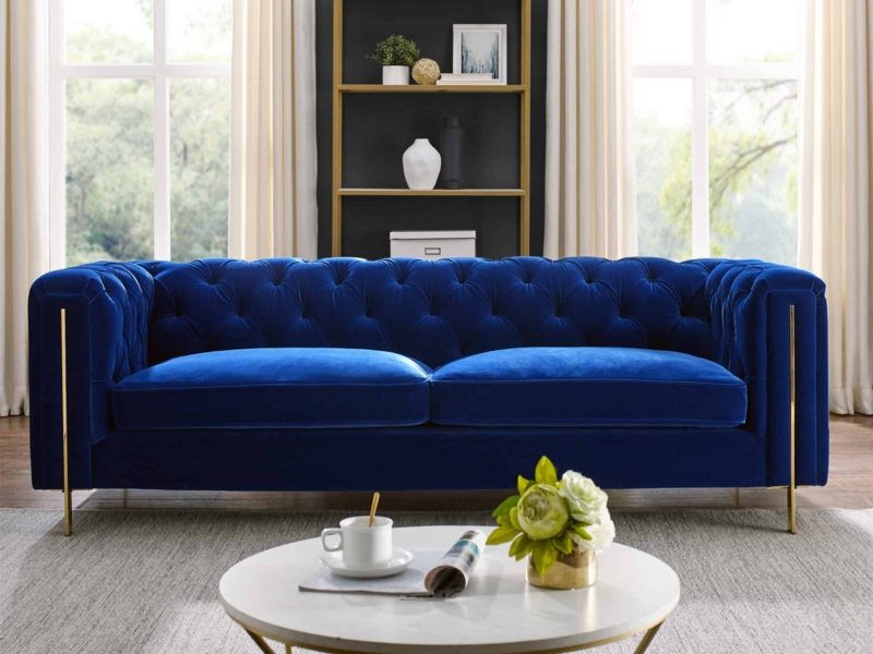Classic Rolled Arm Sofa in Deep Navy with Button Tufting