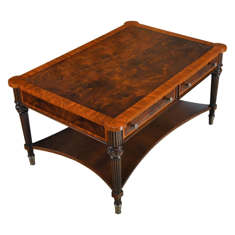 Classic Wood Coffee Table with Brass Casters and Inlay Detail
