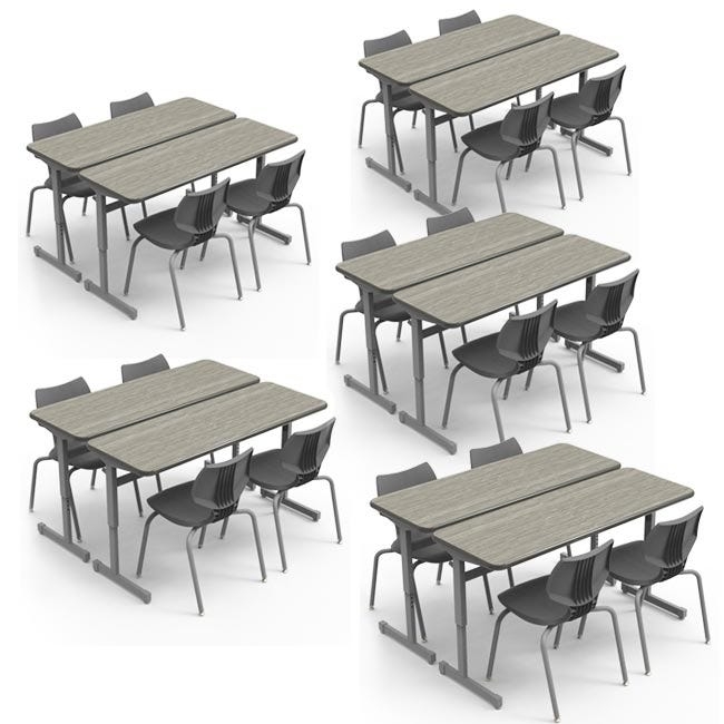 Classroom Set Gray Double Desk Black Ribbed Chairs Adjustable Height