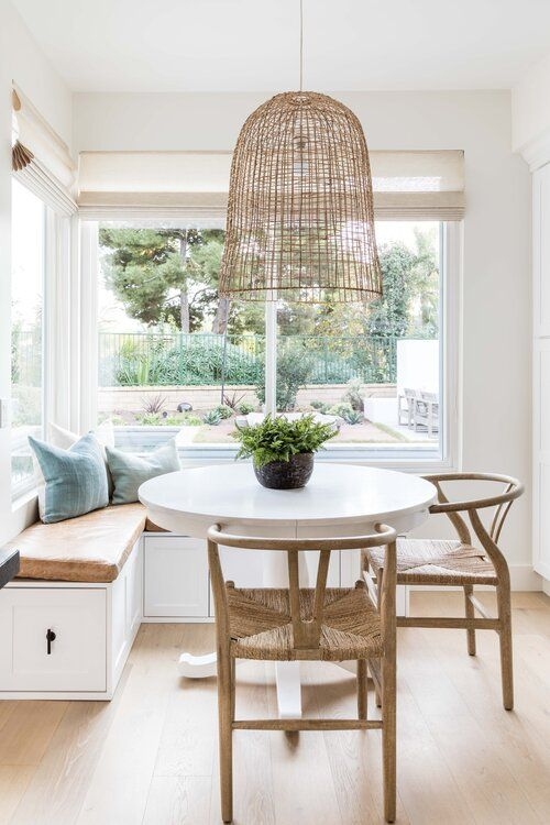 Coastal Breakfast Nook Oversized Woven Pendant Wishbone Chairs