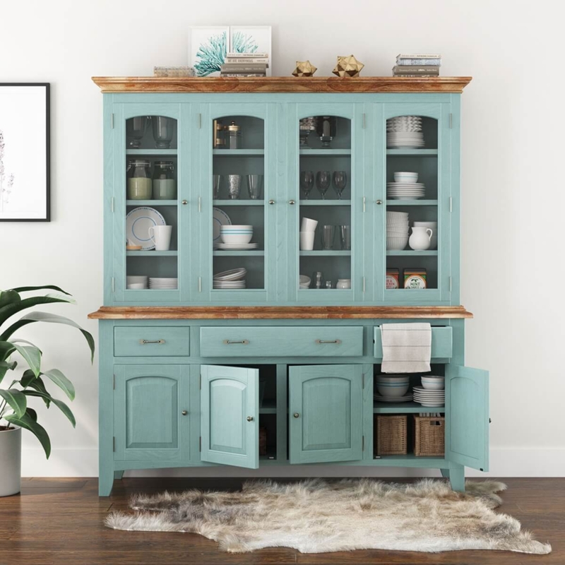 Coastal Buffet with Hutch Teal Finish Natural Wood Top Arched Glass