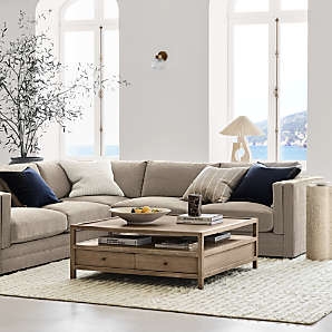 Coastal Coffee Table with Storage Drawers and Open Shelf in Light Wood