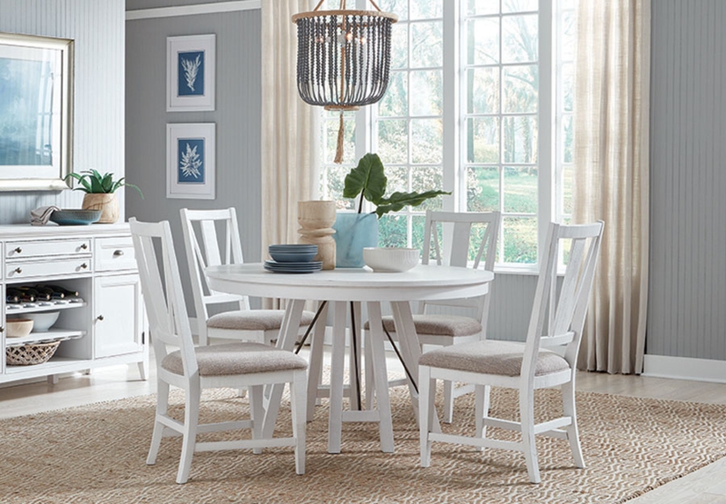 Coastal Farmhouse Dining Set Distressed White Slat-Back Chairs
