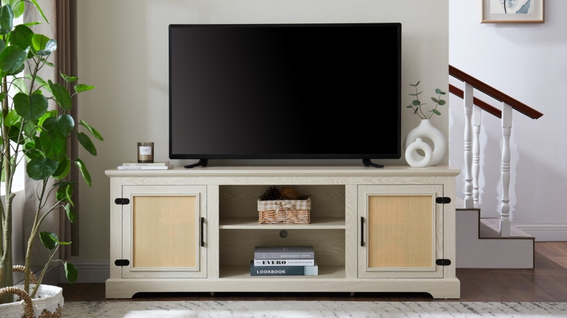 Coastal Farmhouse TV Cabinet Rattan Door Inserts