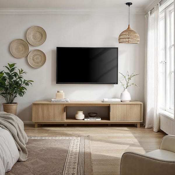 Coastal Oak TV Stand with Reeded Door Fronts and Open Shelving