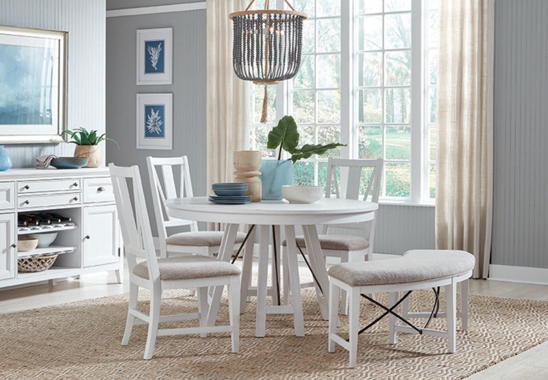Coastal Round Dining Set with Curved Bench and Pedestal Base