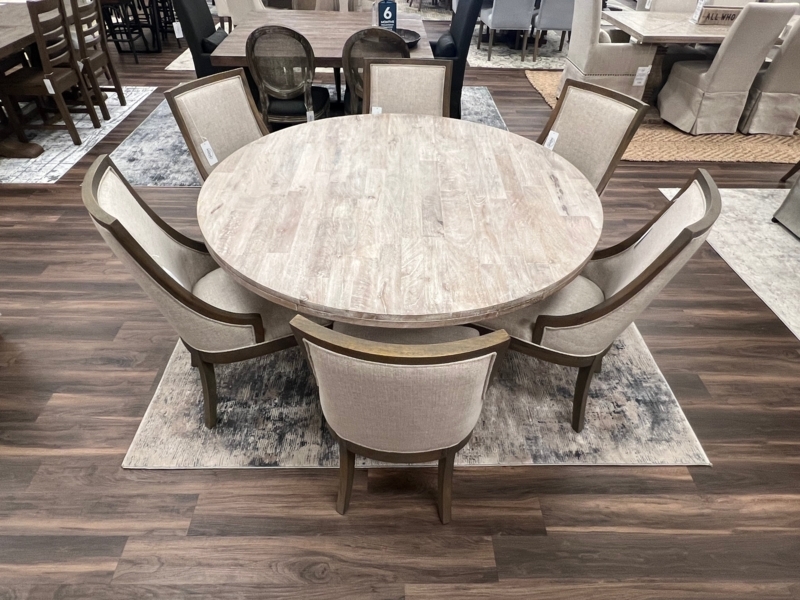 Coastal Sand Wash Round Dining Table Set with Upholstered Chairs