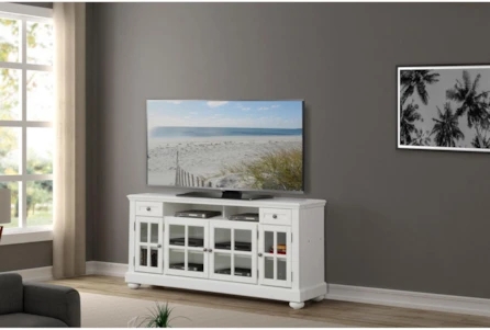 Coastal White TV Stand with Mullioned Glass Doors