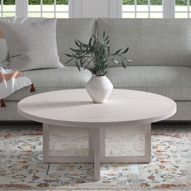 Coastal Whitewashed Wood Coffee Table with Cane Inset Panels