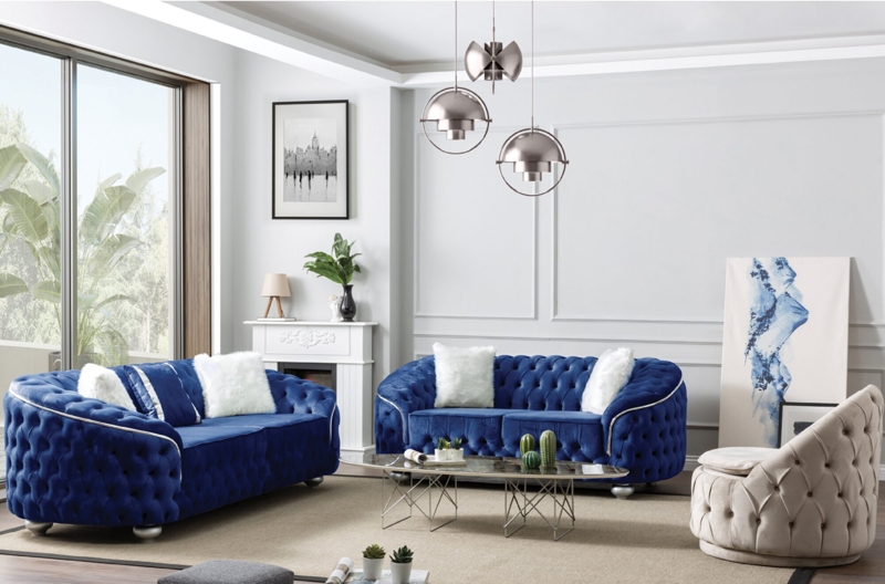 Cobalt Blue Sofa Set with Curved Tuxedo Arms and Deep Tufting